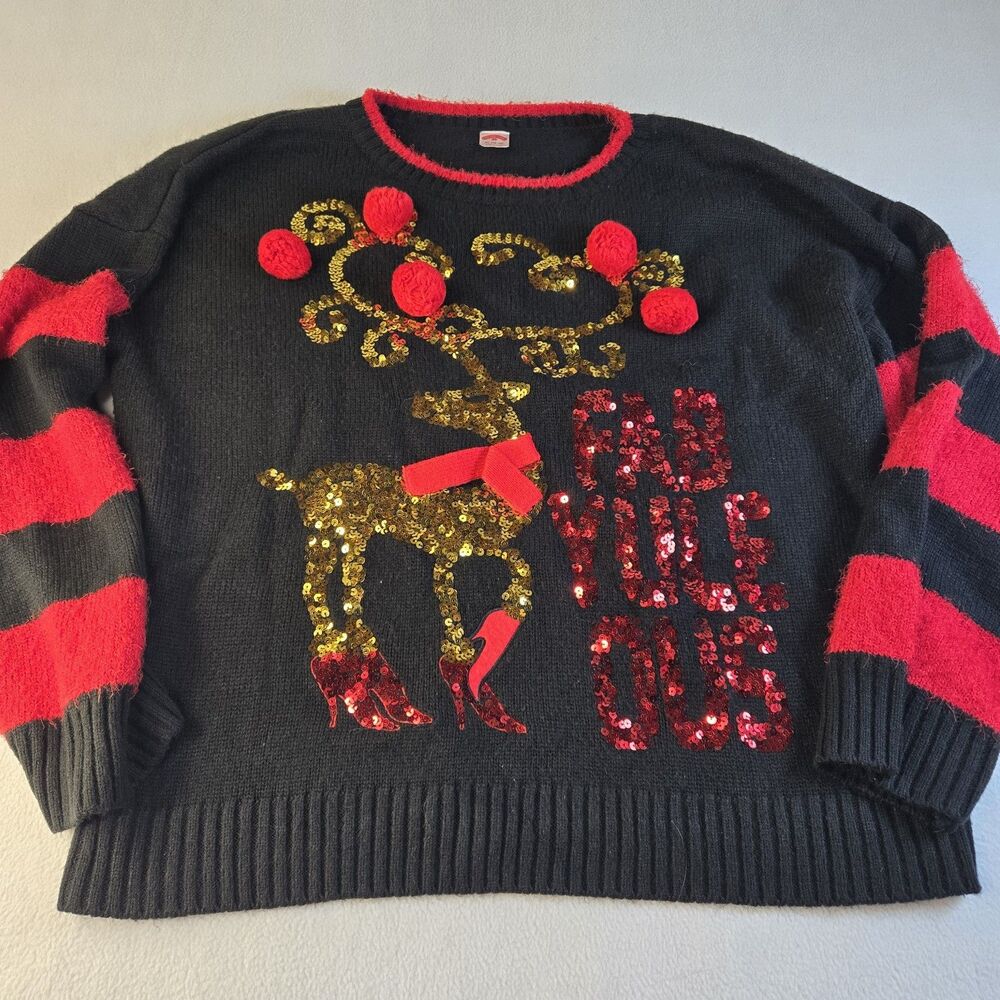 Womens Black Red Fab-Yule-Ous Sequin Reindeer Christmas XL Holiday Sweater